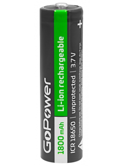 литиевый аккумулятор GoPower 18650 Li-ion 1800mAh  без защиты (high top)