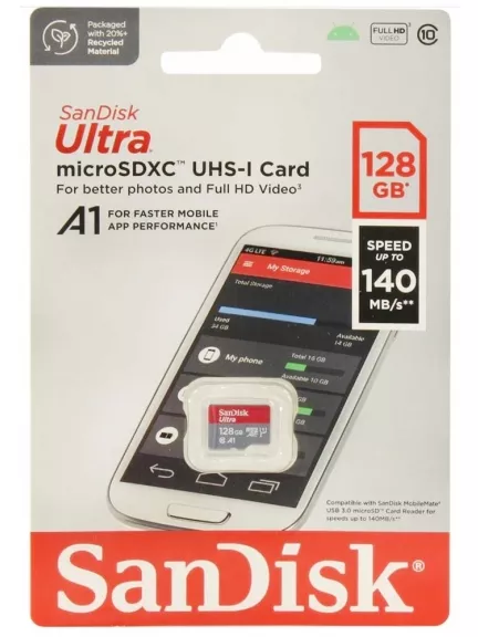 карта памяти SanDisk 128GB microSDXC Class 10 Ultra UHS-I A 1 (140 Mb/s) без адаптера