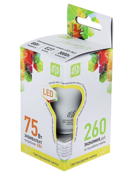 светодиодная лампа ASD LED-R63-standard 8Вт 160-260В Е27 3000К 