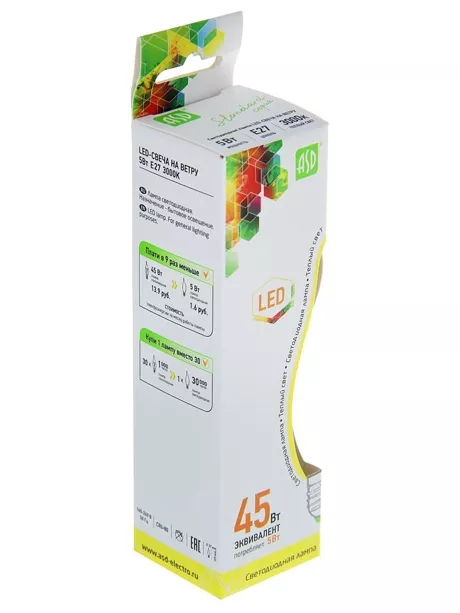 светодиодная лампа ASD LED-СВЕЧА НА ВЕТРУ-standard 5Вт Е27 3000К 