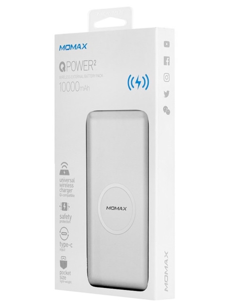 внешний аккумулятор с беспроводной QI зарядкой Momax Q.Power2 Wireless Ext Battery 10000 (IP81) white