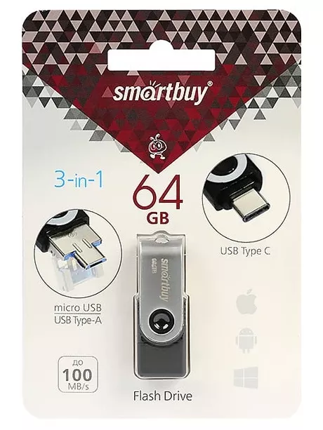 USB флешка с microUSB и type C SmartBuy TRIO 3-in-1 OTG 3.0 64GB black