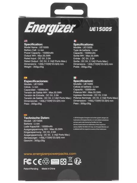Внешний аккумулятор 2 usb Energizer Power Bank UE15005 15000 mAh white