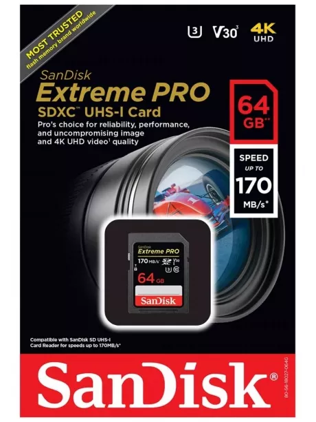 карта памяти SanDisk 64Gb SDXC Class 10 Extreme PRO V30 UHS-I (U3) 170MB/s 