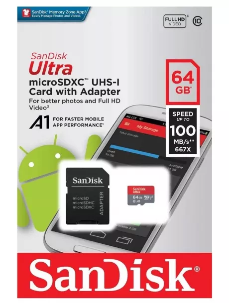 карта памяти с переходником SanDisk 64GB microSDXC Cl10 UHS-1 Ultra Android 100MB/s 