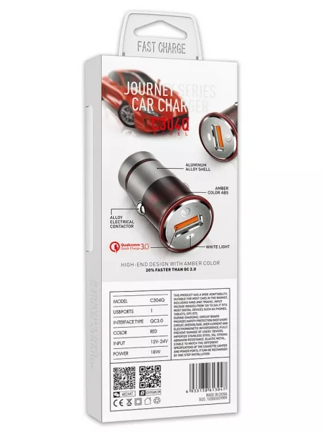 автомобильное зарядное устройство LDNIO C304Q 1USB QC3.0 + typeC cable grey/red