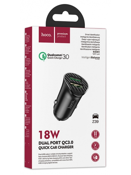 автомобильное зарядное устройство Hoco Z39 Farsighted dual port QC3.0 car charger black