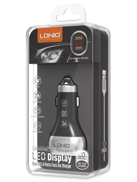 автомобильное зарядное устройство LDNIO АЗУ C2 2USB QC3.0  Fast Charger LED Display +Type C cable black