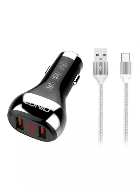 автомобильное зарядное устройство LDNIO АЗУ C2 2USB QC3.0  Fast Charger LED Display +Type C cable black