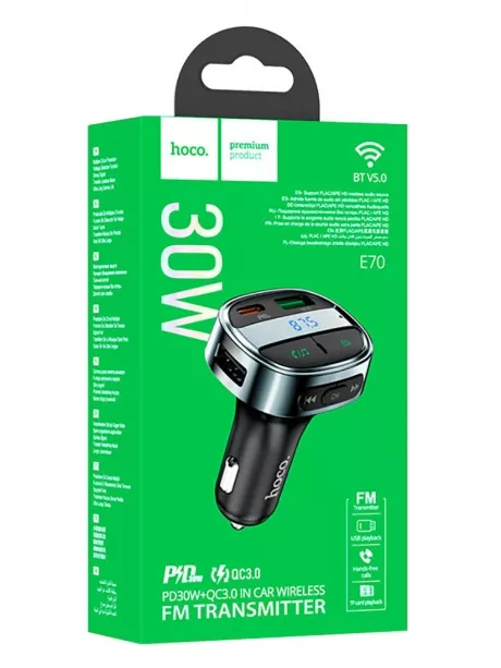 автомобильная зарядка с bluetooth FM передатчиком Hoco E70 PD30W+QC3.0 car BT FM transmitter magic night
