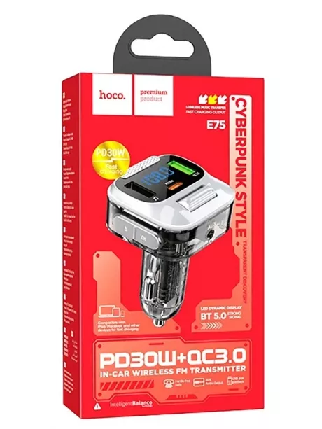 FM трансмитер с bluetooth Hoco E75 Bravery PD30W+QC3.0 car BT FM transmitter jazz black