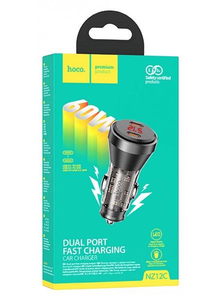 зарядка для телефона в машину Hoco NZ12C Graceful PD60W(2C) car charger with digital display transparent black