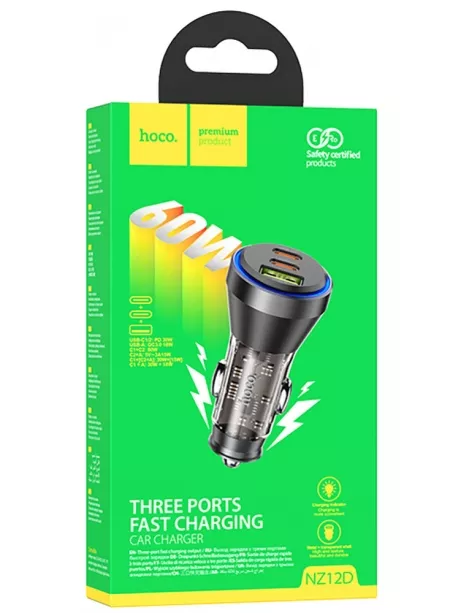 зарядка для телефона в машину Hoco NZ12D Lucky PD60W(2C1A) car charger transparent black