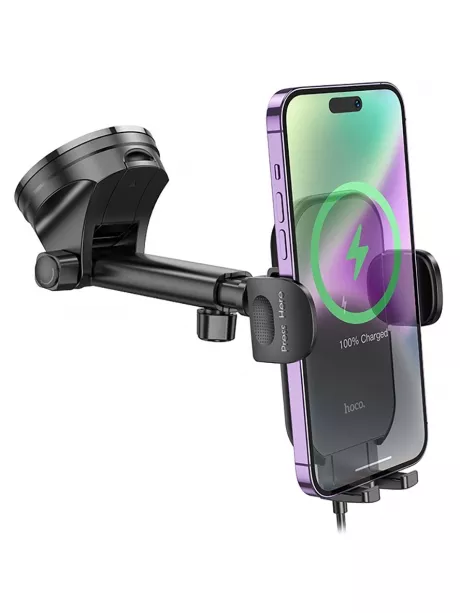 держатель на присоске с беспроводной зарядкой Qi Hoco HW5 Journey wireless fast charging car holder(center console) black
