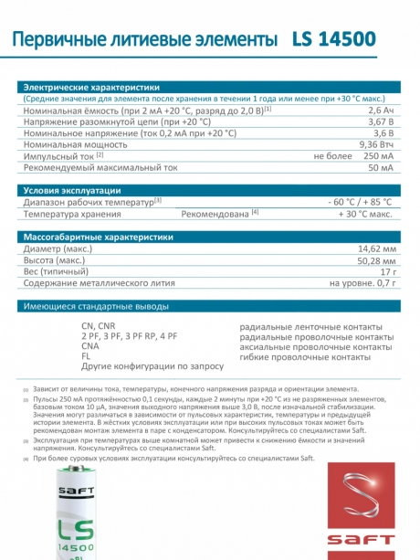 батарейка литиевая Saft LS 14500 CNA (AA) 5шт. 